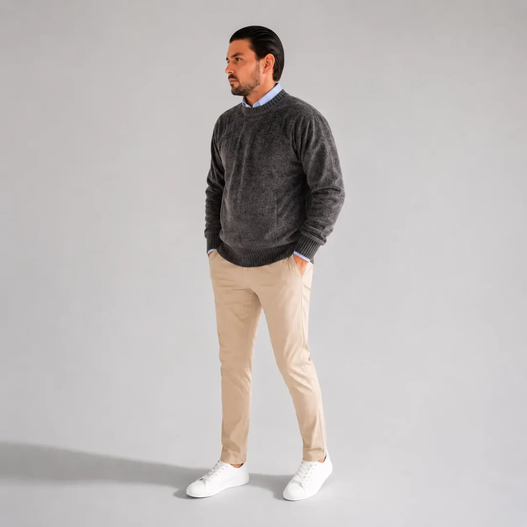 Suéter Chenille Zara cinza mesclado em look masculino