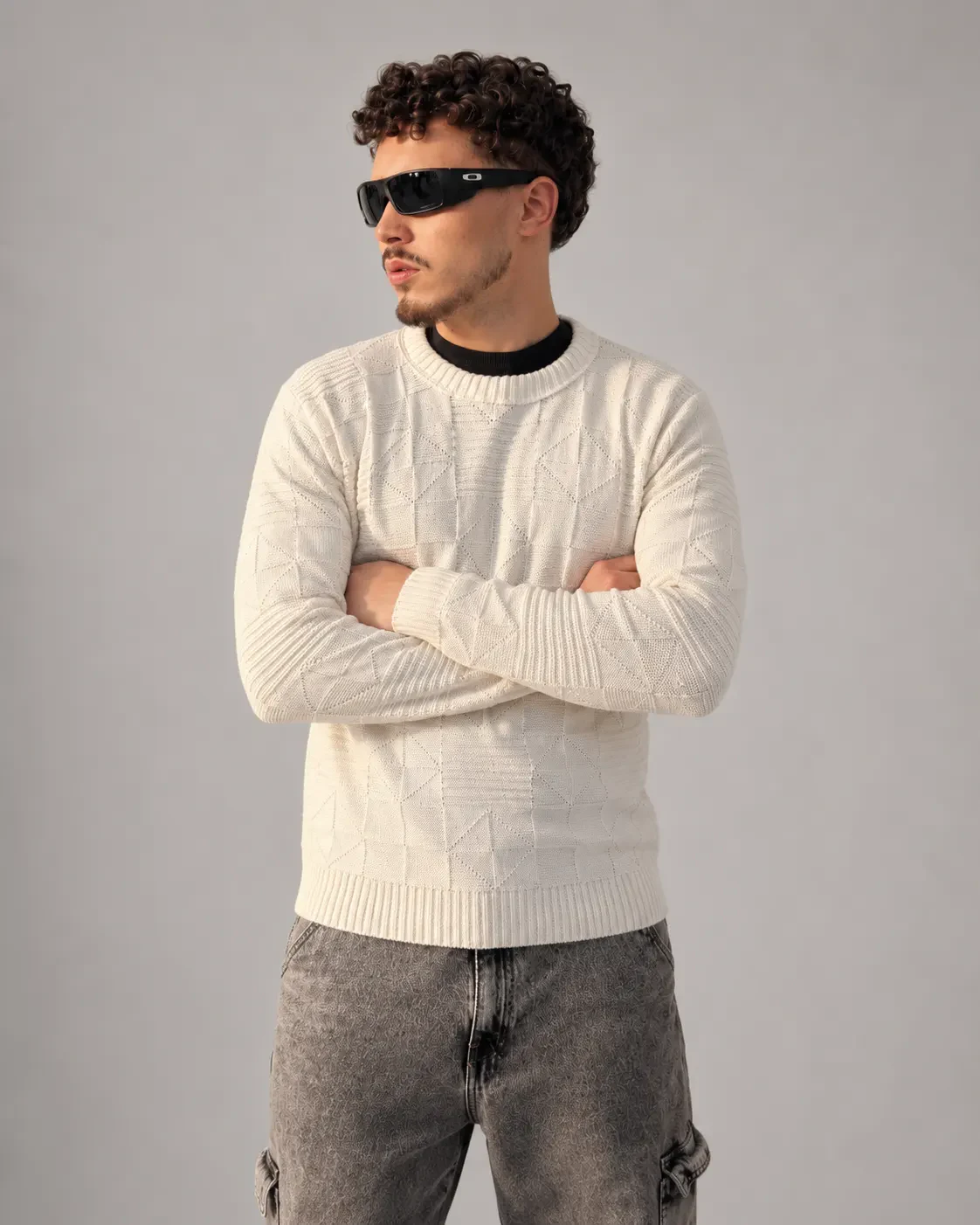 Suéter Tricot Geométrico Off-White em look frontal